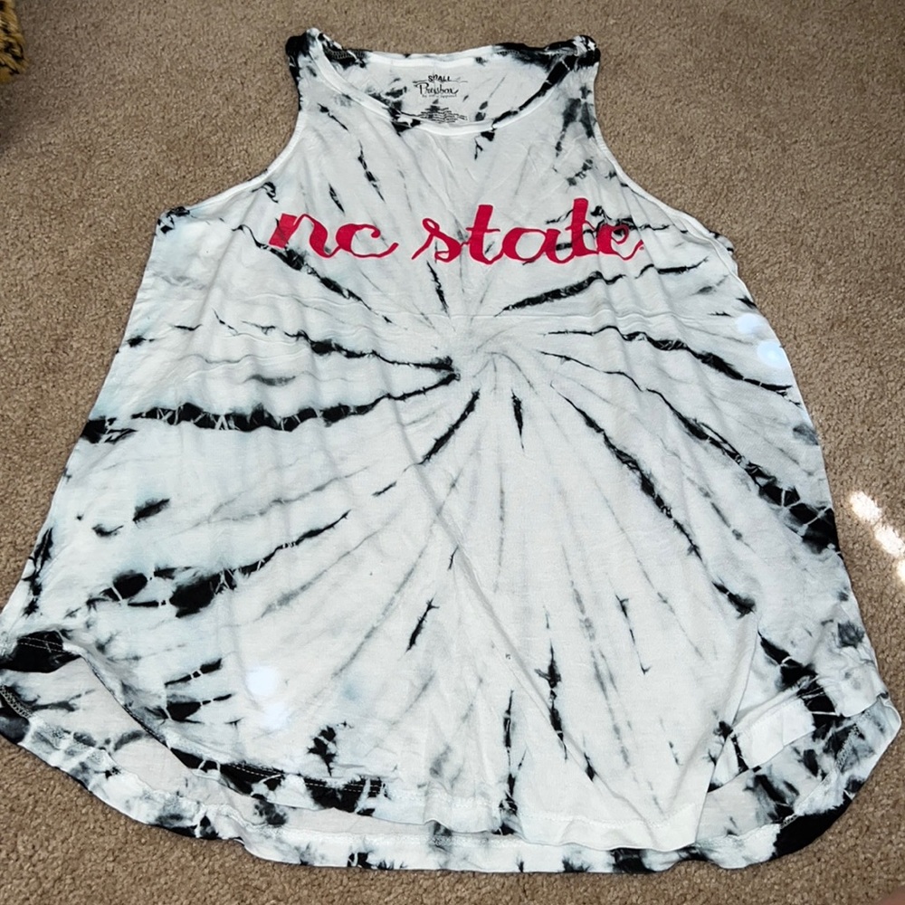 black and white tie dye NC State tank top